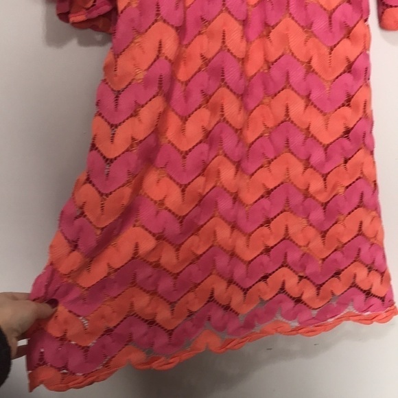 JUDITH March Orange Pink Chevron lace Dress medium - Picture 4 of 12